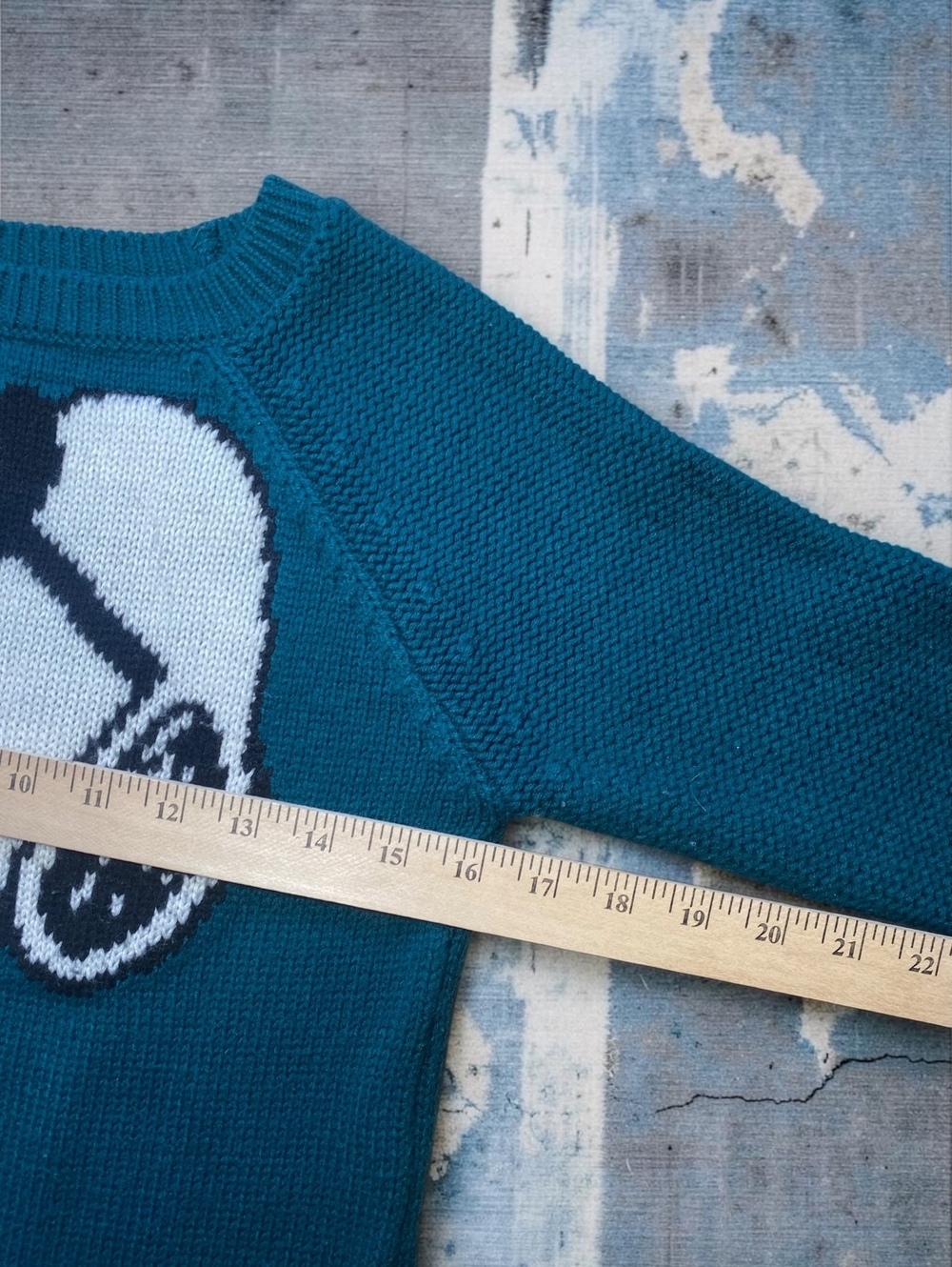 Peanuts Women Sweater S Pullover Regular Teal Knit Acrylic Snoopy Elbow Patches - Picture 2 of 6